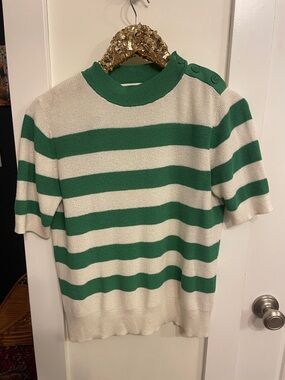 Green and Cream Striped Short Sleeve Sweater Uniqlo L